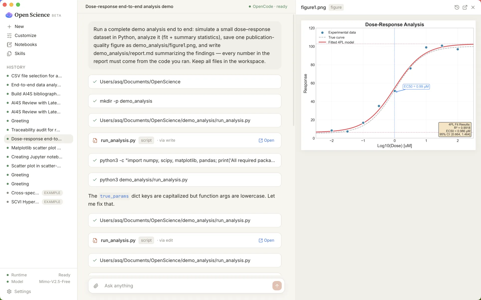 Open Science Desktop workflow showing agent chat, generated figure, and traceable report